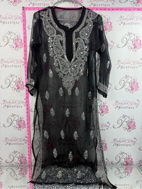Dress long side slits sequins Black Sheer Embroidered Tunic with Silver Beading